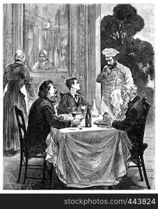 The Tour de France a small Parisian, Hold on! said the innkeeper, vintage engraved illustration. Journal des Voyage, Travel Journal, (1880-81).