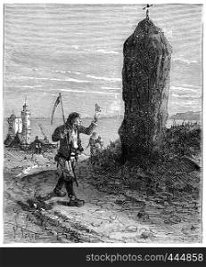 The Tour de France a small Parisian, Menhirs of Brittany, vintage engraved illustration. Journal des Voyage, Travel Journal, (1880-81).