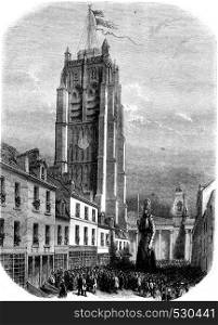 The Tower of Dunkirk, vintage engraved illustration. Magasin Pittoresque 1852.
