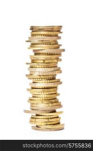 The tower of golden coins isolated on white