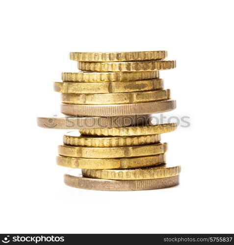 The tower of golden coins isolated on white