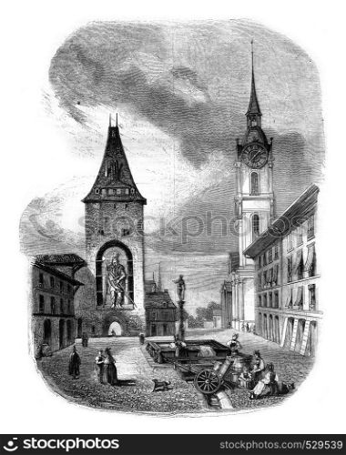 The Tower of Goliath in Bern, vintage engraved illustration. Magasin Pittoresque 1847.
