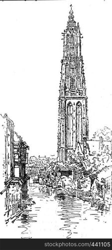 The tower of Our Lady in Amersfoort, vintage engraved illustration. Journal des Voyage, Travel Journal, (1880-81).