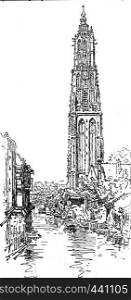 The tower of Our Lady in Amersfoort, vintage engraved illustration. Journal des Voyage, Travel Journal, (1880-81).