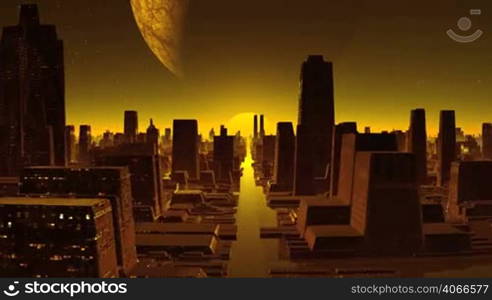 The town consists of a variety of structures filled with yellow light of the setting sun. Above him is a huge planet (moon) and the starry sky. The horizon is shrouded in fog. The camera quickly flies over the water channel into the sunset. The image is magnified.