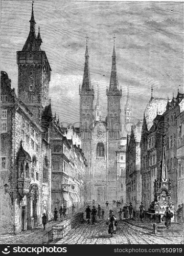 The Town Hall and Cathedral Street, in Wurzburg, vintage engraved illustration. Magasin Pittoresque 1867.