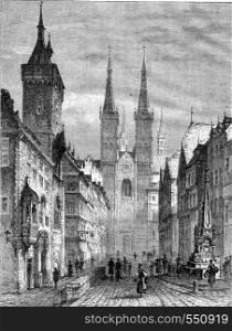 The Town Hall and Cathedral Street, in Wurzburg, vintage engraved illustration. Magasin Pittoresque 1867.