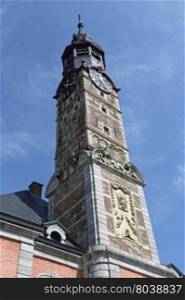 The town hall in the historical centre of Sint-Truiden, Belgium, with a 17th-century tower classified by UNESCO as a World Heritage Site in 1999. The oldest parts of the building date from the 13th century.