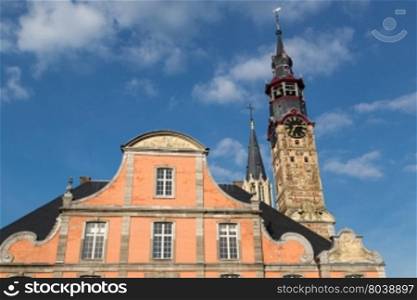 The town hall in the historical centre of Sint-Truiden, Belgium, with a 17th-century tower classified by UNESCO as a World Heritage Site in 1999.