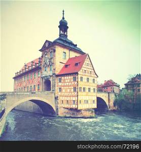 The town hall on the bridge in Bamberg, Germany. Retro style