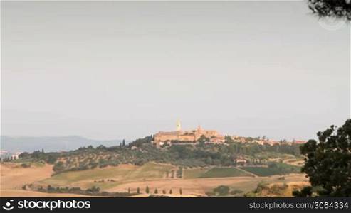 The town of Pienza and the fields in the countryside nearby, Tuscany, Italy. Sequence