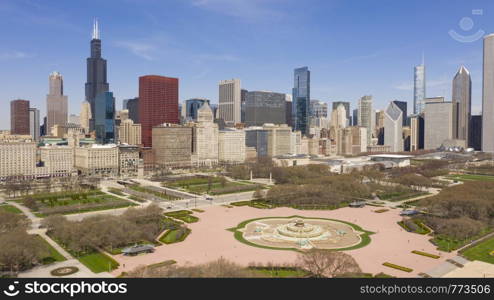 The trees are still bare in and around the Buckingham Fountain in Chicago Illinois