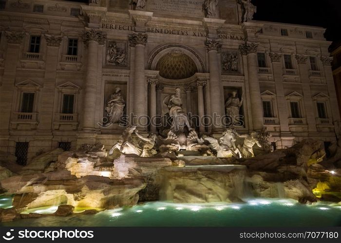 The Trevi Fountain in Rome, Italy at night.