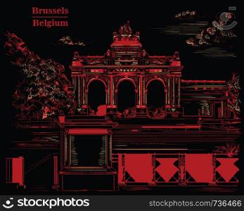 The triumphal arch in the park of the fiftieth anniversary in Brussels (Belgium). Landmark of Brussels. Vector hand drawing monochrome illustration in red color isolated on back background.