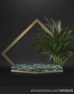 The Tropical granite Podium geometric and plants decoration on black background .3D rendering