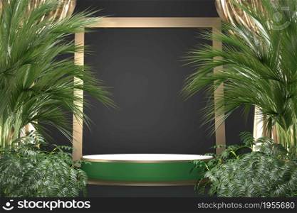 The Tropical granite Podium geometric and plants decoration on black background .3D rendering
