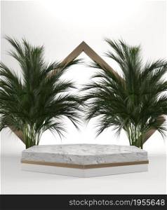 The Tropical granite Podium geometric and plants decoration on white background .3D rendering