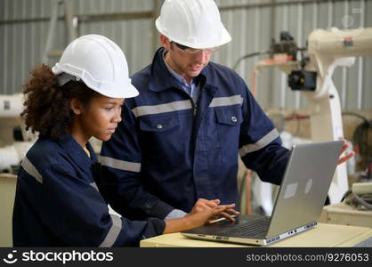 The two engineers check the operation of welding robots. ready to transfer and exchange experiences each other&rsquo;s skills