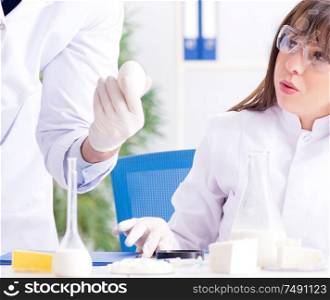 The two lab doctor testing food products. Two lab doctor testing food products