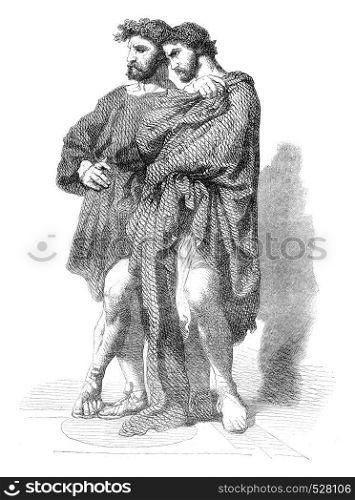 The two philosophers, the Roman Orgy, vintage engraved illustration. Magasin Pittoresque 1847.
