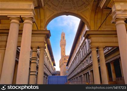 The Uffizi Gallery and Palazzo Vechio on Piazza della Signoria square in the Historic Centre of Florence, Tuscany region of Italy