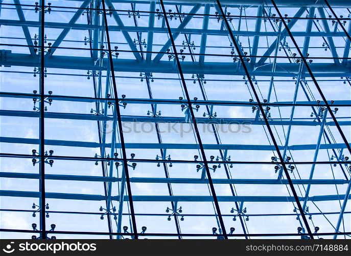 The underside panoramic and perspective view to steel blue glass. underside panoramic view to steel blue glass