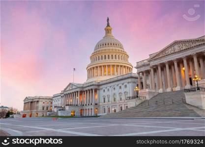 The United States Capitol Building in Washington, DC. American landmark at sunset