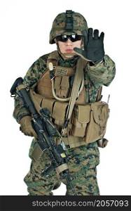 The US Soldier showing arm to prevent shooting
