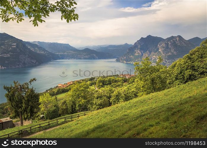 The valley on the island of Monte Isola and Lake Iseo. Lombardy. Italy