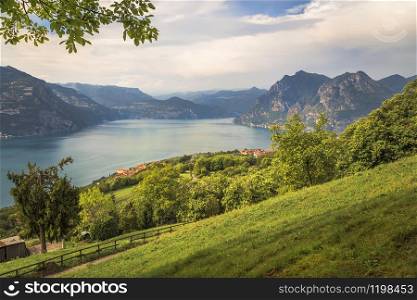The valley on the island of Monte Isola and Lake Iseo. Lombardy. Italy