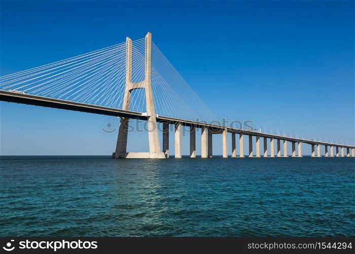 The Vasco da Gama Bridge in Lisbon, Portugal in a summer day