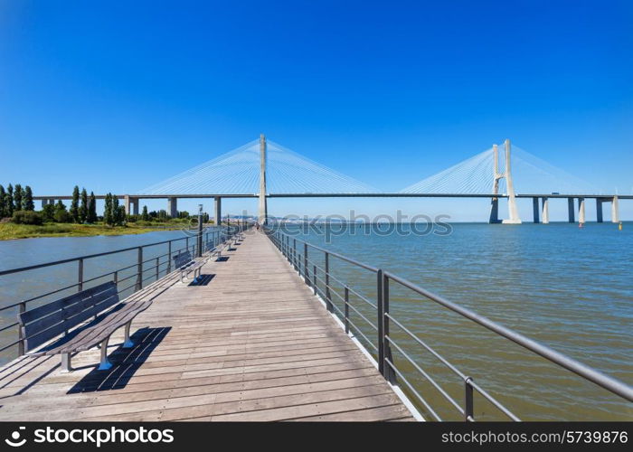 The Vasco da Gama Bridge in Lisbon, Portugal. It is the longest bridge in Europe