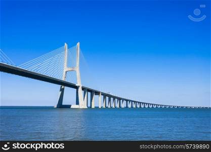The Vasco da Gama Bridge in Lisbon, Portugal. It is the longest bridge in Europe