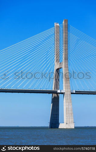 The Vasco da Gama Bridge in Lisbon, Portugal. It is the longest bridge in Europe