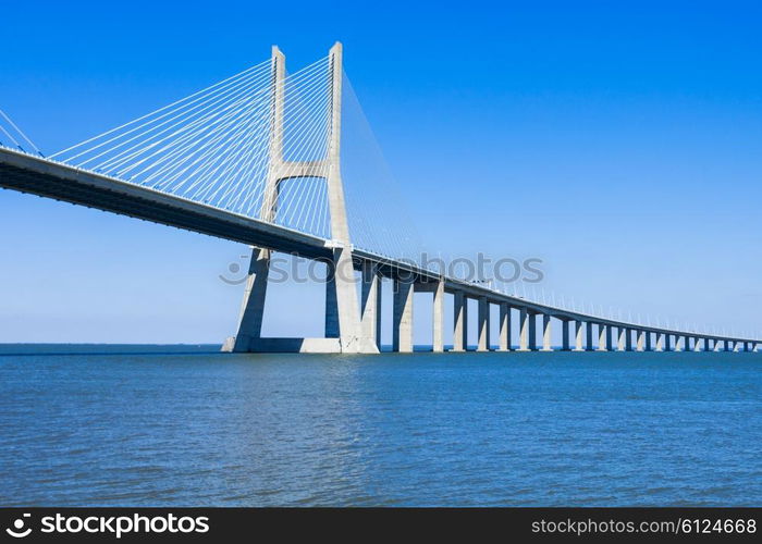 The Vasco da Gama Bridge in Lisbon, Portugal. It is the longest bridge in Europe