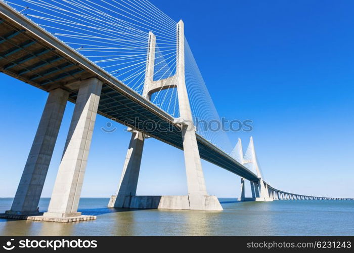 The Vasco da Gama Bridge in Lisbon, Portugal. It is the longest bridge in Europe