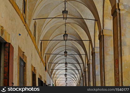 The vaulted ceiling of the Vasari Loggia in the medieval Italian city of Arezzo. Retro style
