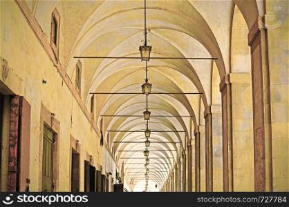 The vaulted ceiling of the Vasari Loggia in the medieval Italian city of Arezzo.