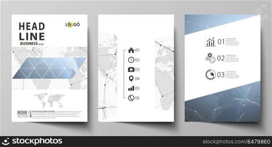 The vector illustration of editable layout of three A4 format modern covers design templates for brochure, magazine, flyer, booklet. World globe on blue. Global network connections, lines and dots.. The vector illustration of the editable layout of three A4 format modern covers design templates for brochure, magazine, flyer, booklet. World globe on blue. Global network connections, lines and dots