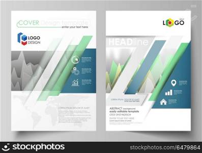 The vector illustration of the editable layout of two A4 format modern covers design templates for brochure, magazine, flyer, report. Rows of colored diagram with peaks of different height.. The vector illustration of the editable layout of two A4 format modern covers design templates for brochure, magazine, flyer, report. Rows of colored diagram with peaks of different height