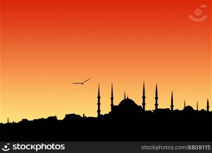 The vector image of Turkey. Evening, a silhouette of a mosque.