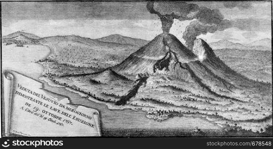 The Vesuvius with Somma on October 19, 1767, vintage engraved illustration. From the Universe and Humanity, 1910.