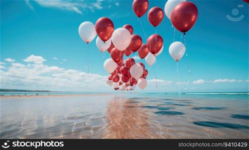 The vibrant balloons create a striking contrast against the calming blue sky, while the blurred beachscape adds a touch of mystery and tranquility to the scene. Let your imagination take flight as you embrace the sense of serenity and wonder that this captivating photo evokes.