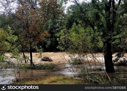 The Vidourle river in flood after heavy rains in France located in the Gard department in the foothills of the Cevennes.
