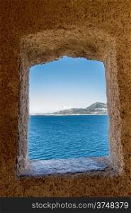 The view across Calvi bay from a lookout in the citadel in Calvi in the Balagne region of Corsica