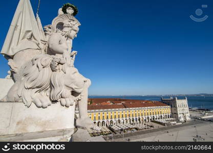 the view from the Arco da Rua Augusta with the Buildings at the Parca do Comercio in Baixa in the City of Lisbon in Portugal. Portugal, Lisbon, October, 2021