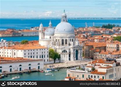 The view from the height of the lagoon and the church of Santa Maria della Salute. Venice, Italy