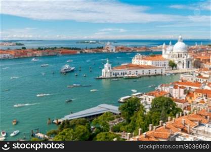 The view from the height of the lagoon and the church of Santa Maria della Salute. Venice, Italy