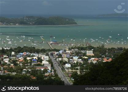 the view from the mountains to the village of Chalong near the rawai beach on the Phuket Island in the south of Thailand in Southeastasia.&#xA;&#xA;