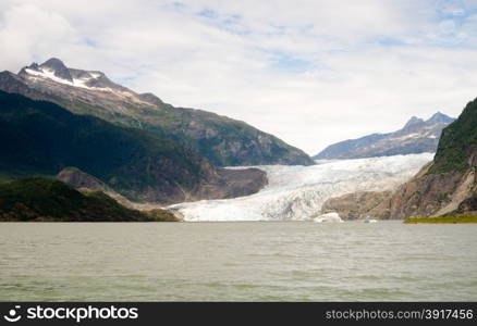 The view from the shore of Mendehall Lake at ice that persists in the summer